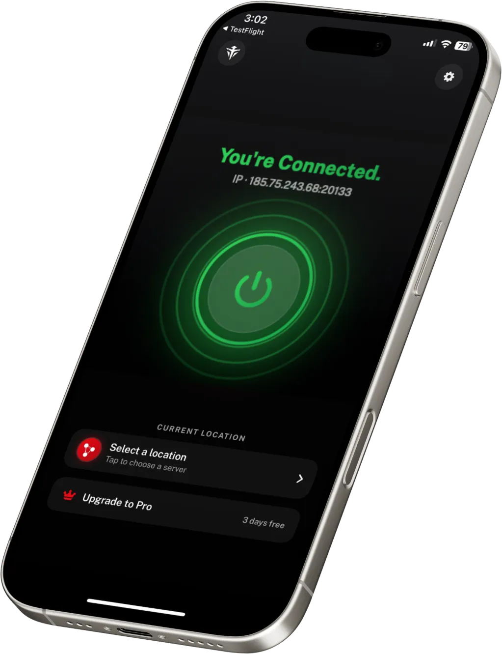 Phantom VPN on iPhone showing a connected session with the assigned IP address