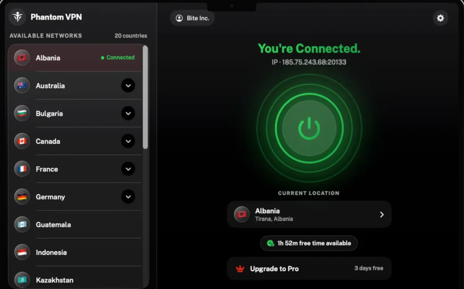 Phantom VPN for Mac connected to a node, showing the assigned IP address next to the country list