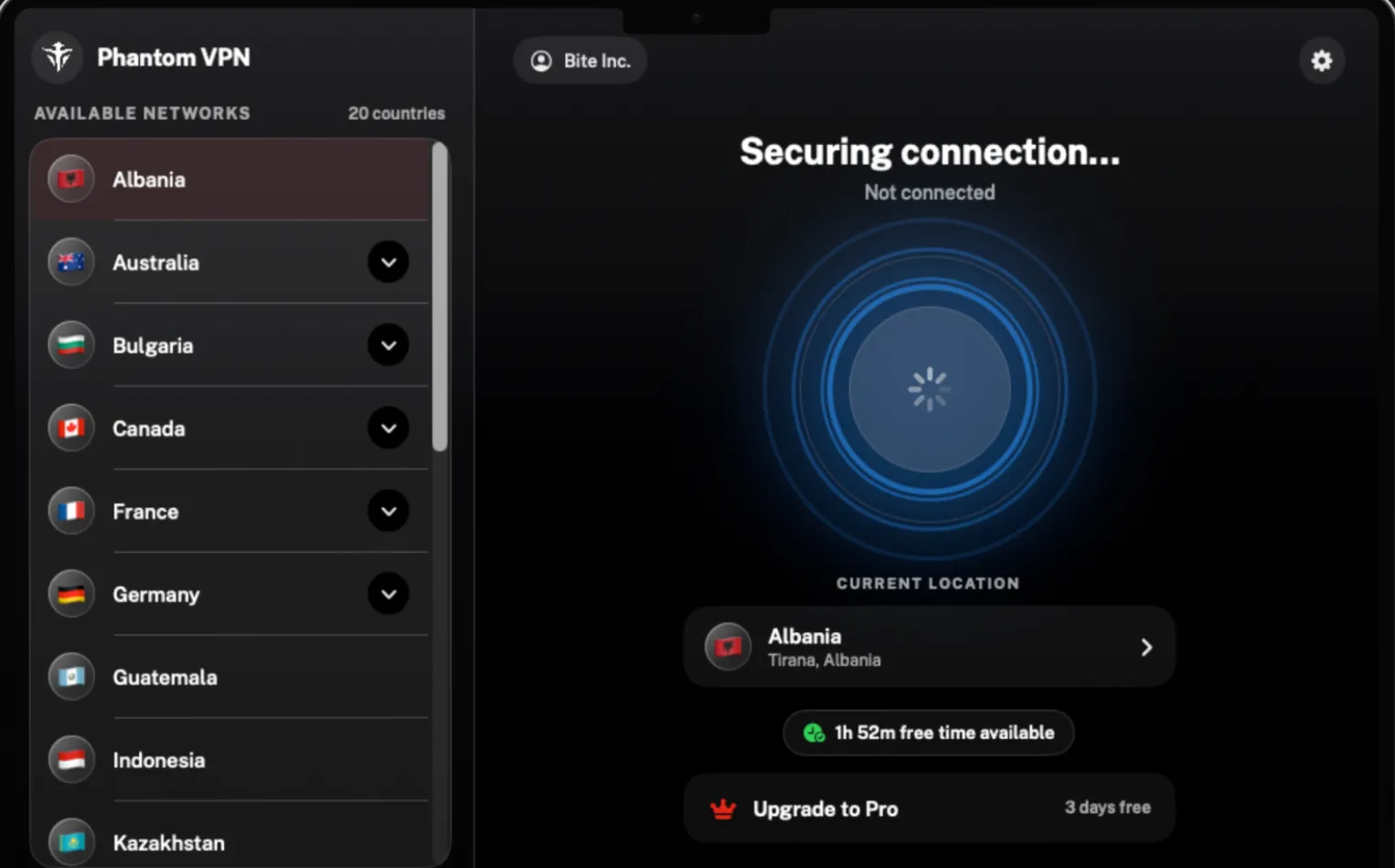 Phantom VPN for Mac mid-connection, showing the connecting state while a node session is opened