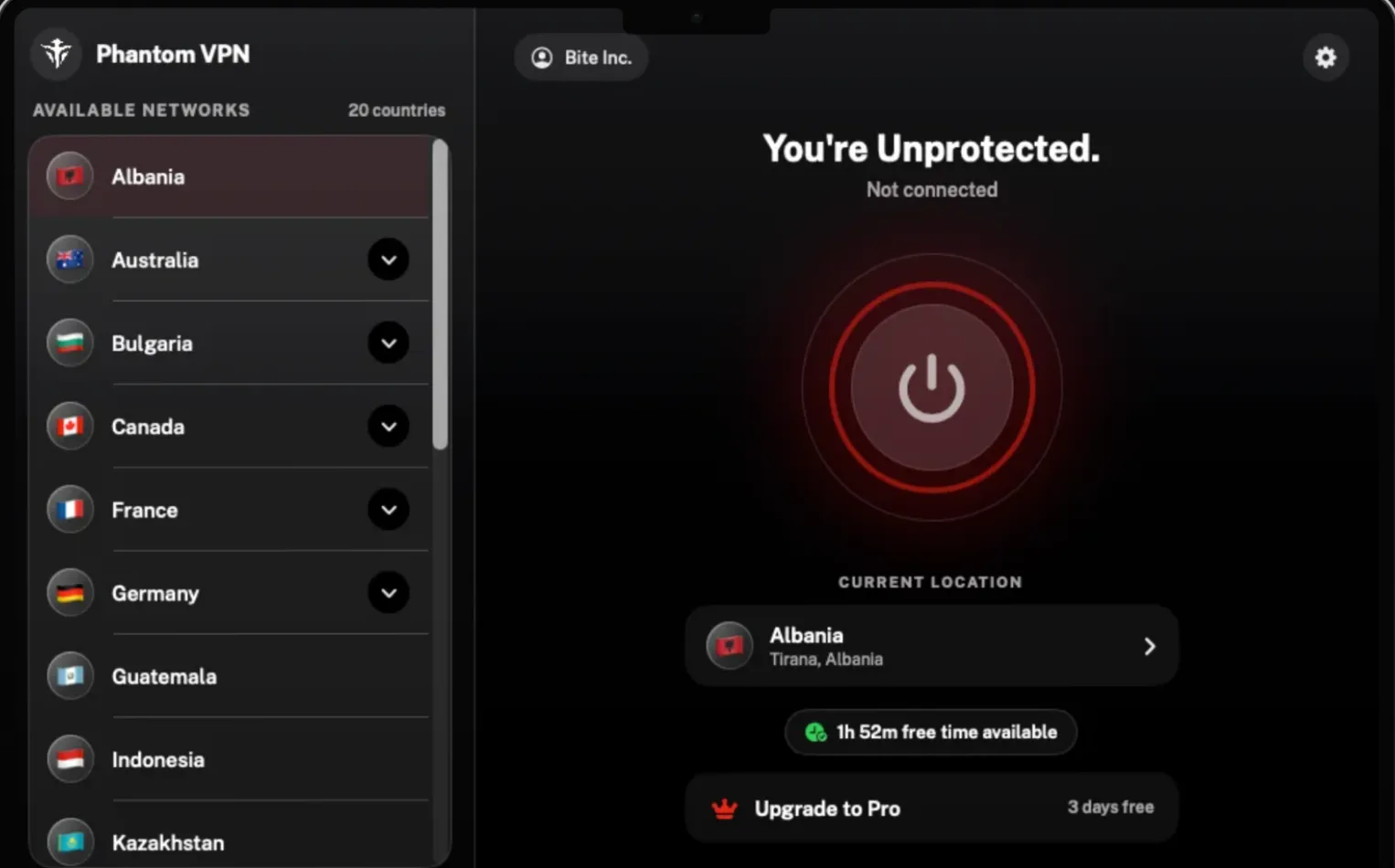 Phantom VPN for Mac before connecting: the button is red and the app reads "You're Unprotected", next to the country list.