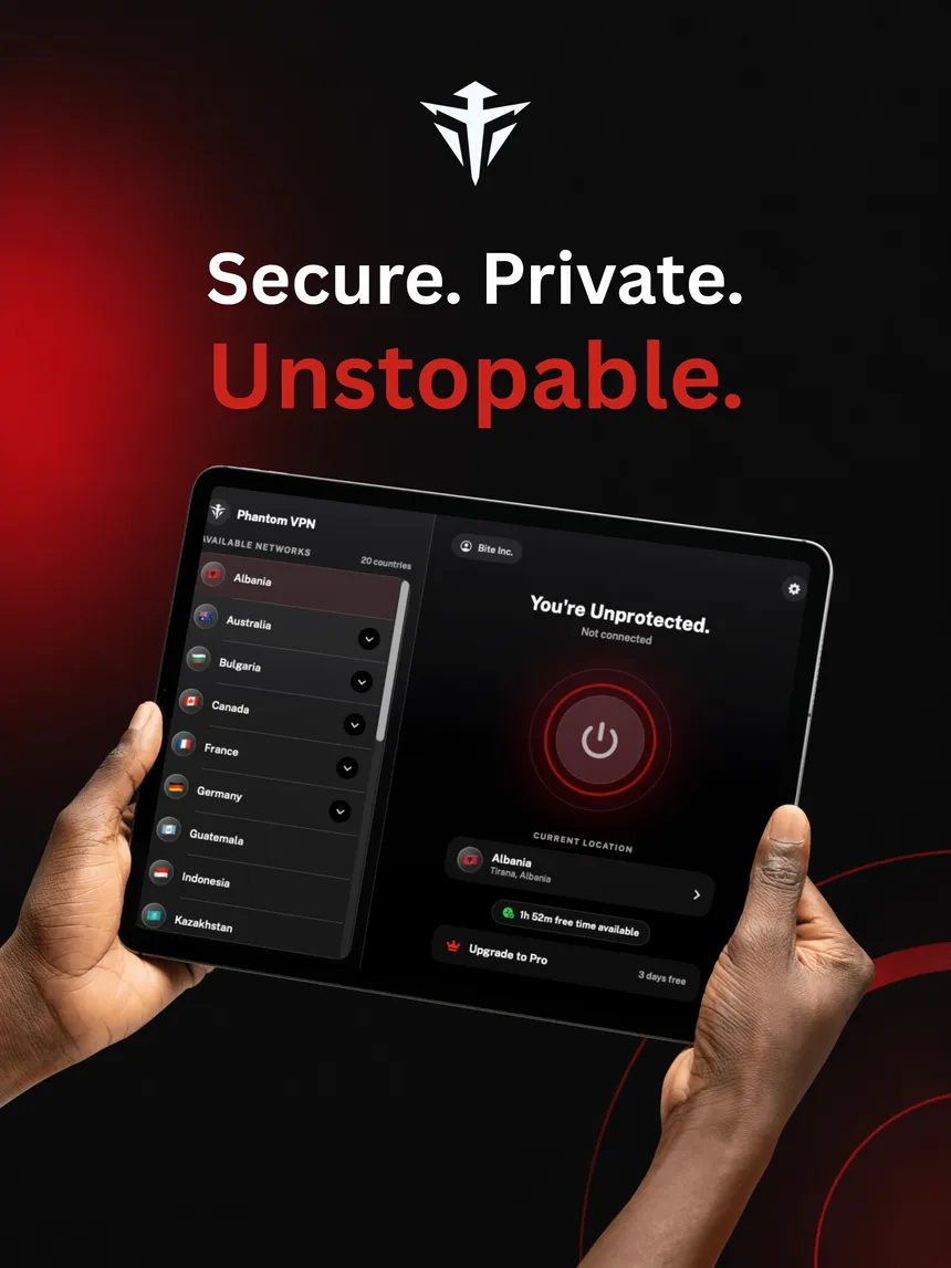 Phantom VPN on iPad: not connected. Red means exposed. Green means protected.