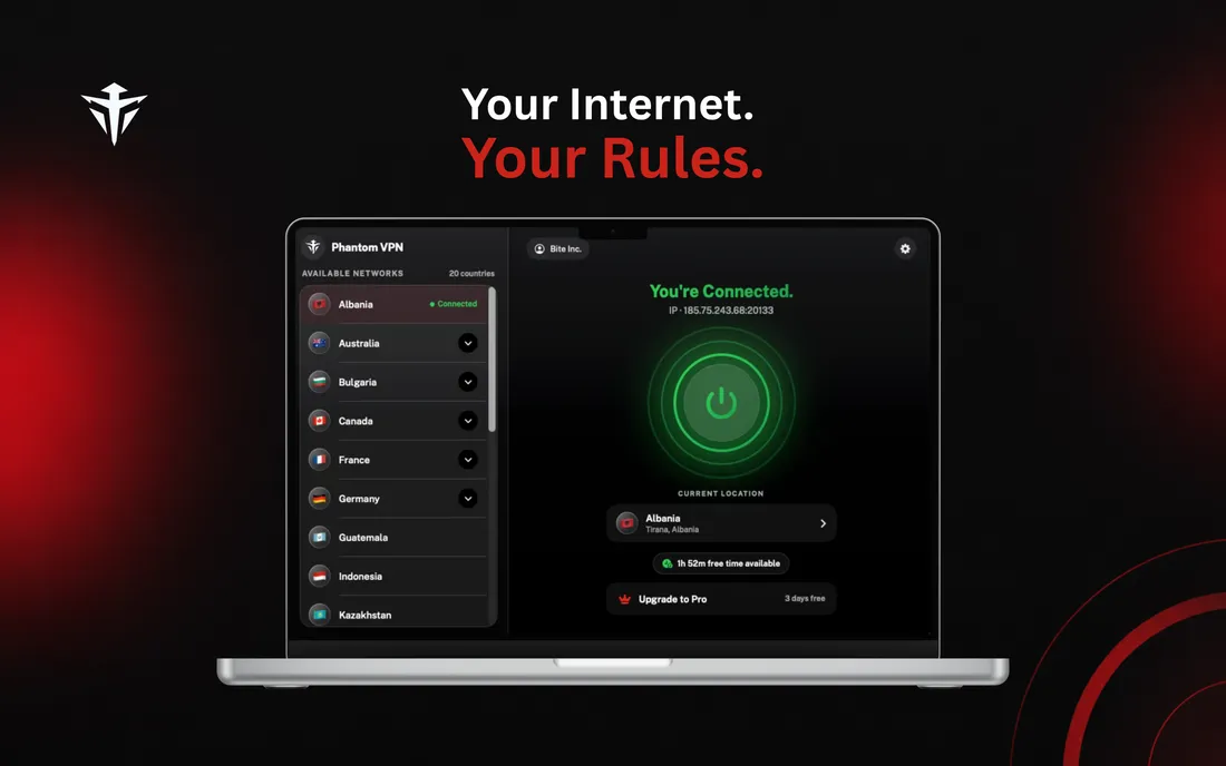 Phantom VPN on Mac: connected. The app shows the IP you were given.