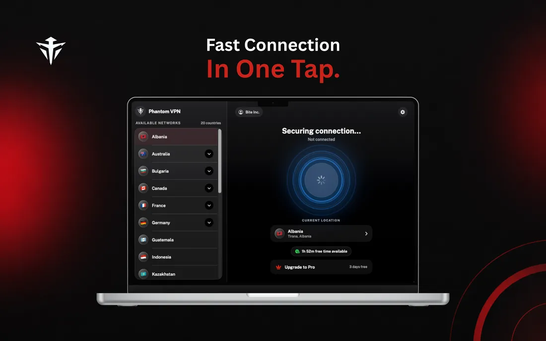 Phantom VPN on Mac: connecting. Nodes ranked by latency, fastest first.