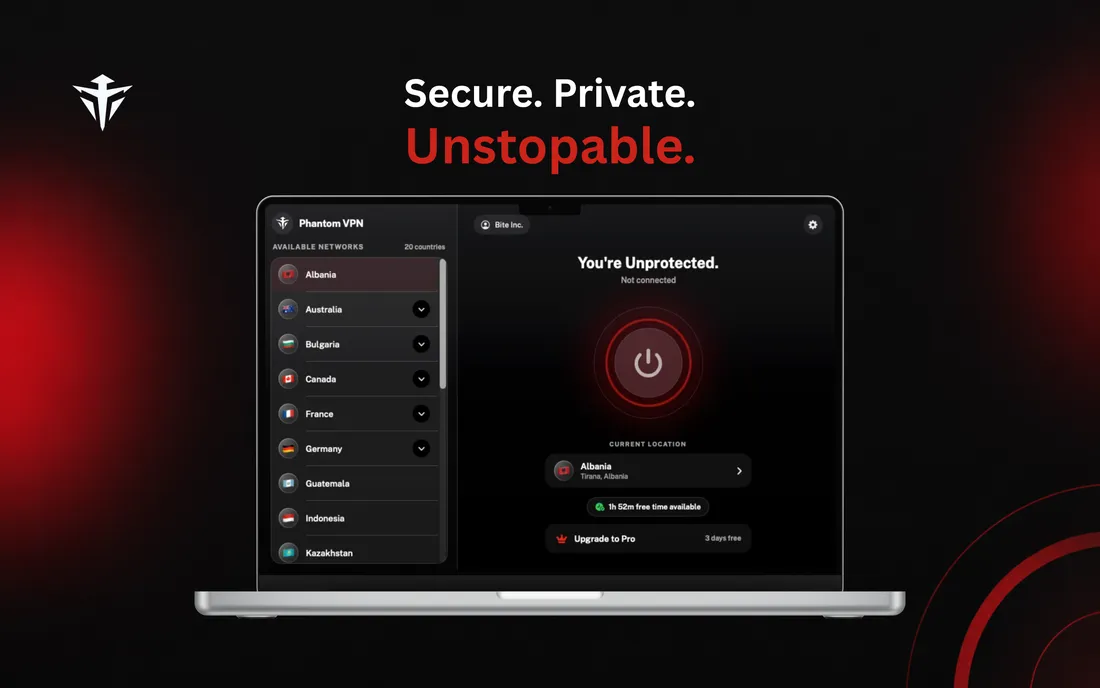 Phantom VPN on Mac: not connected. Red means exposed. Green means protected.