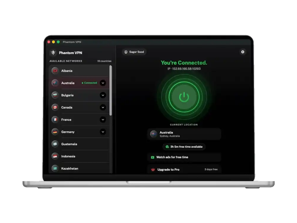 Phantom VPN for Mac connecting to a node in Australia and showing the assigned IP address
